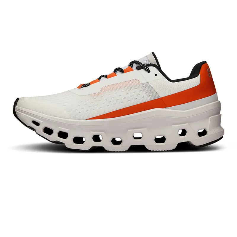 On Cloudmonster Womens Road Running Shoes - Undyed White Flame-3
