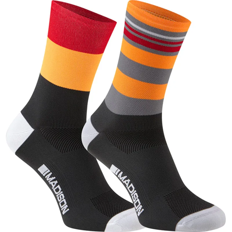 Madison Sportive mens long sock twin pack, flame red/shocking orange