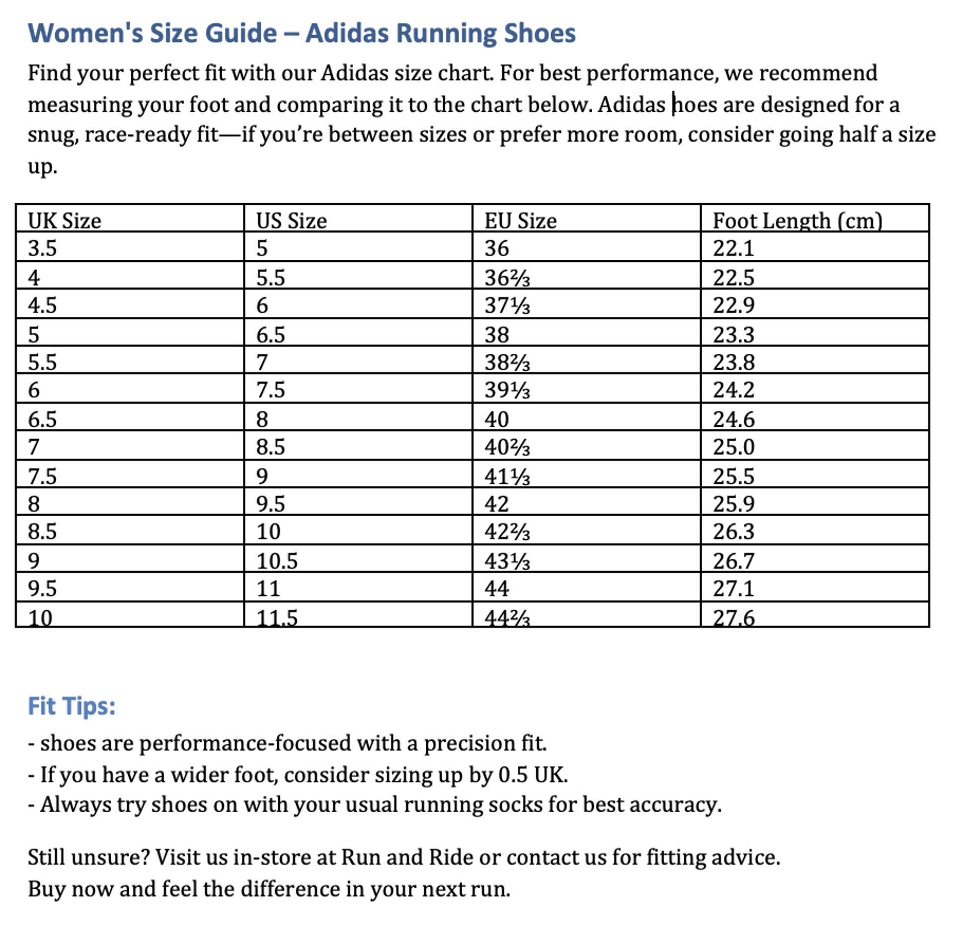 Adidas Womens Size Chart