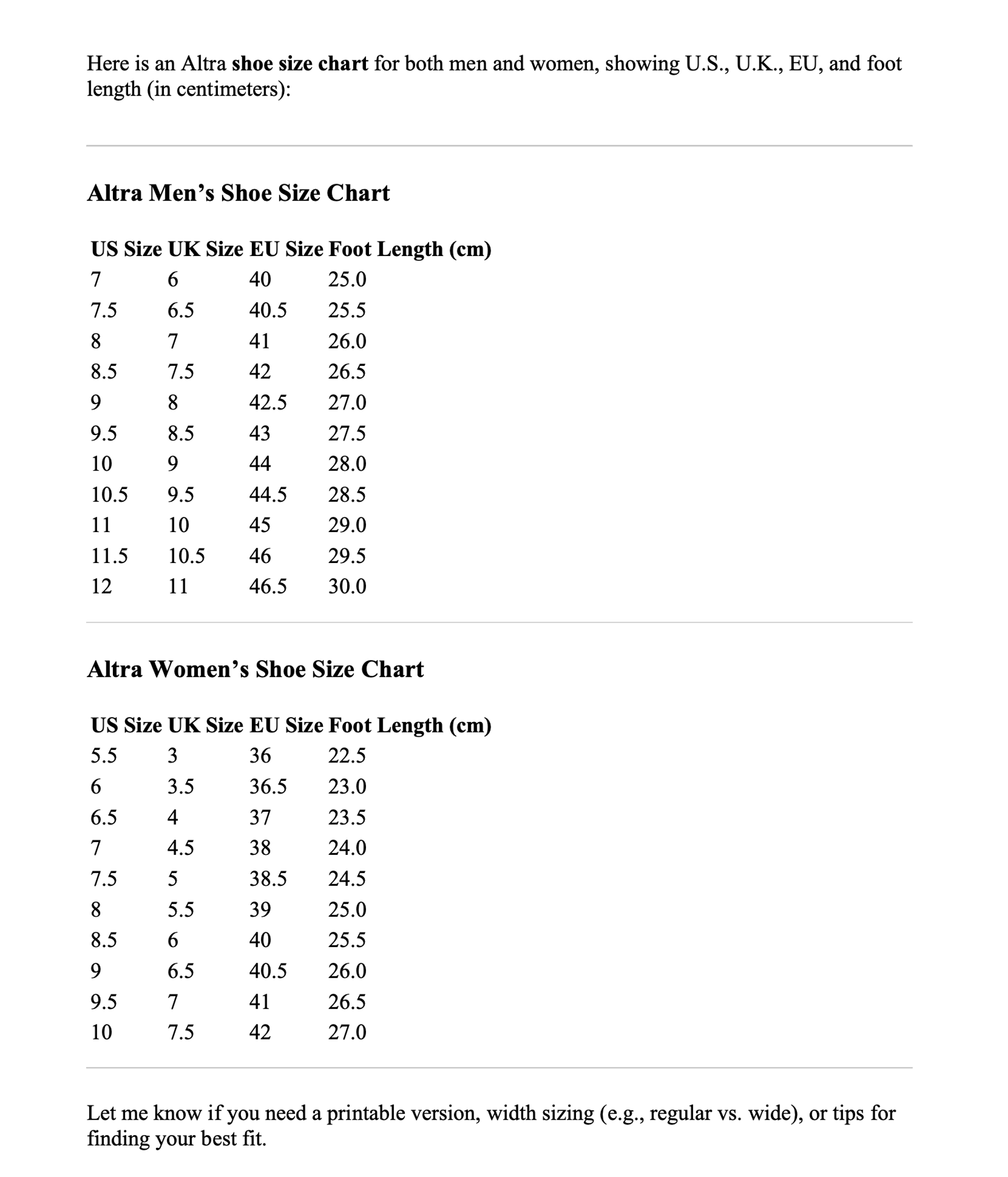 Altra Size Chart