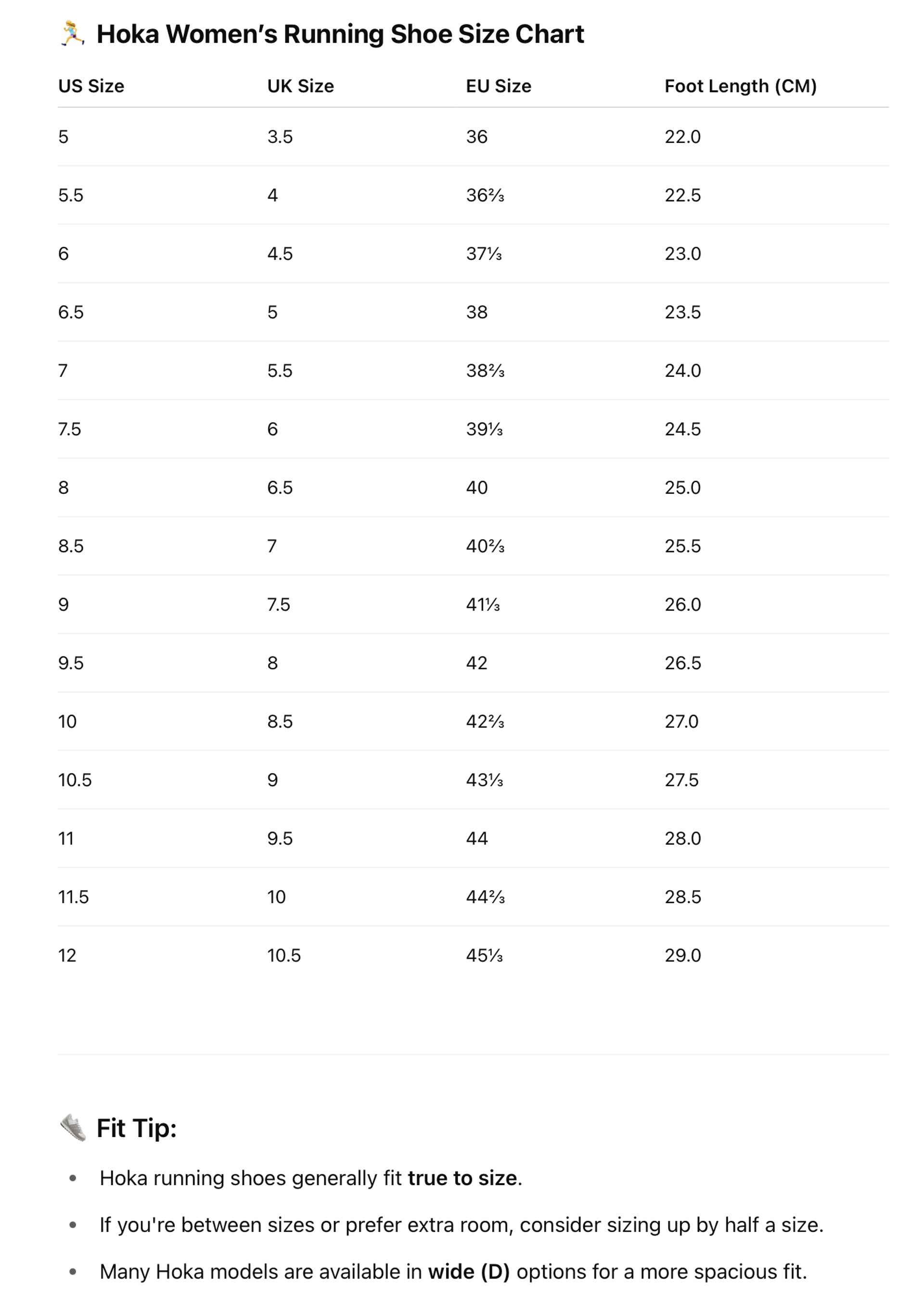 Hoka Womens Shoe Size Chart 