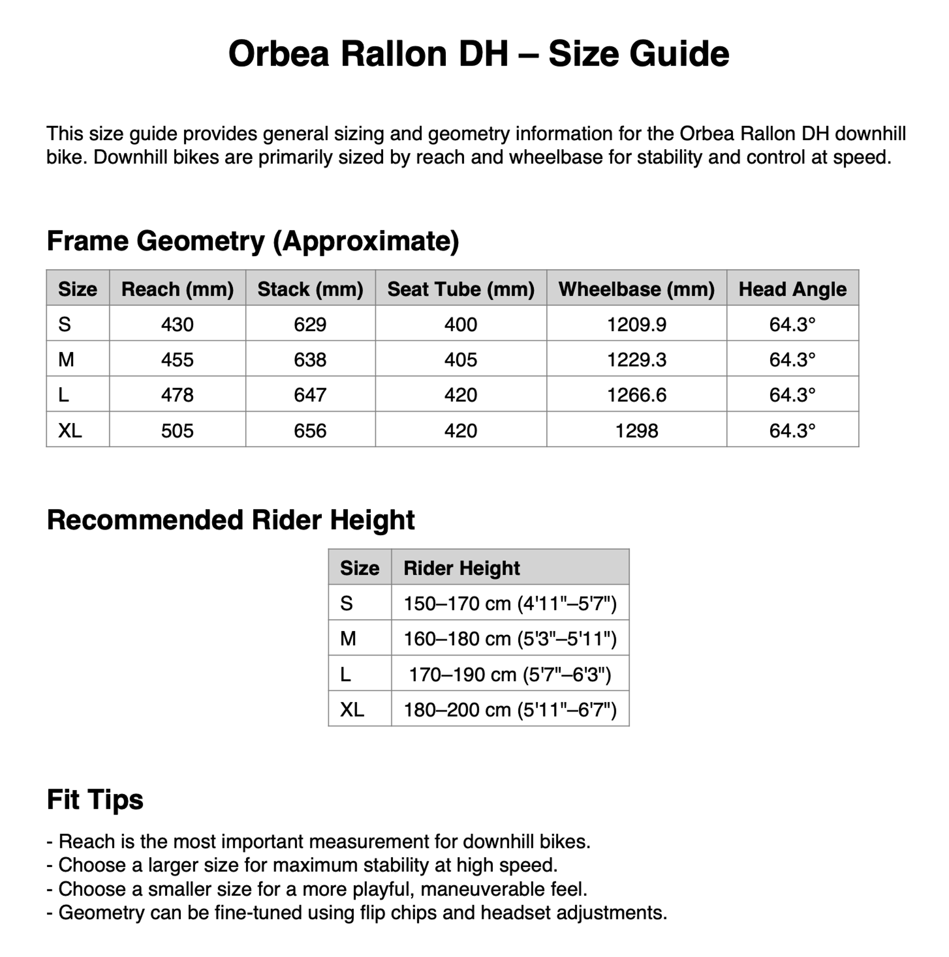 Orbea Rallon DH Size Guide