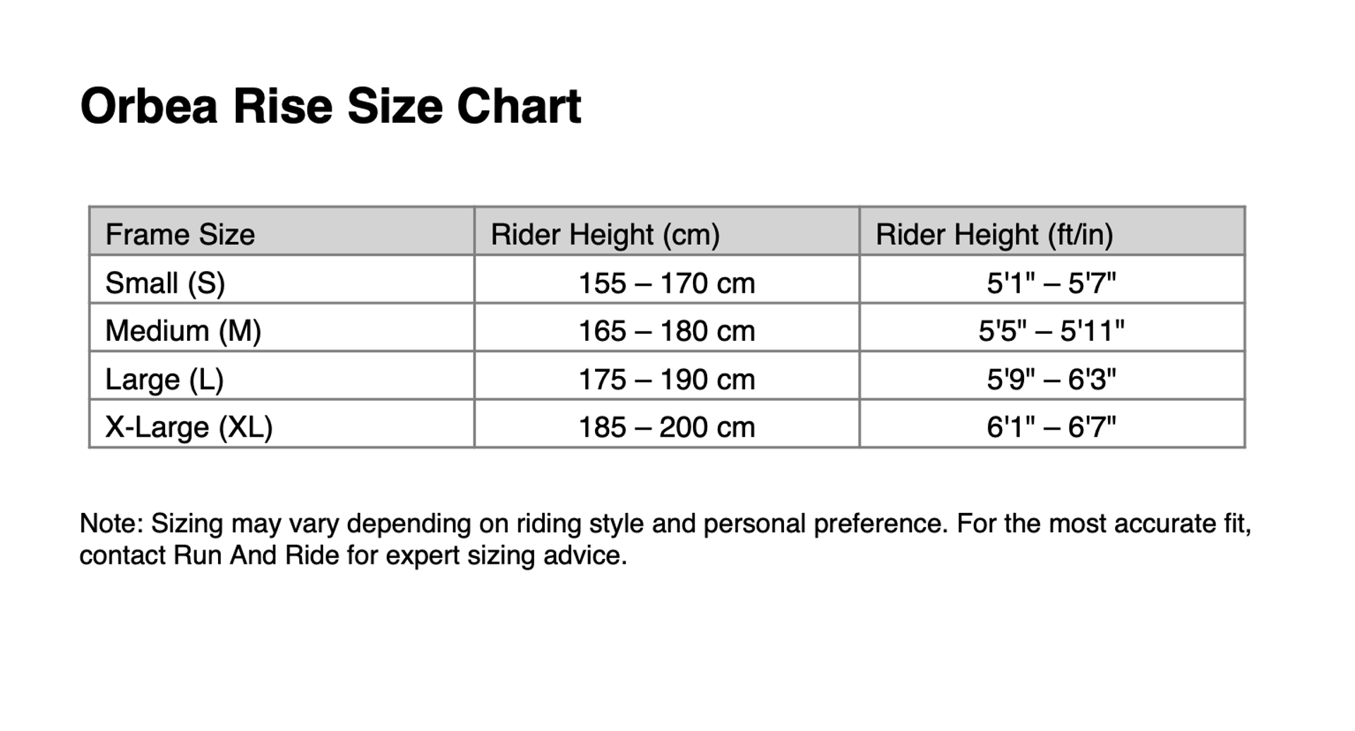Orbea Rise Size Chart