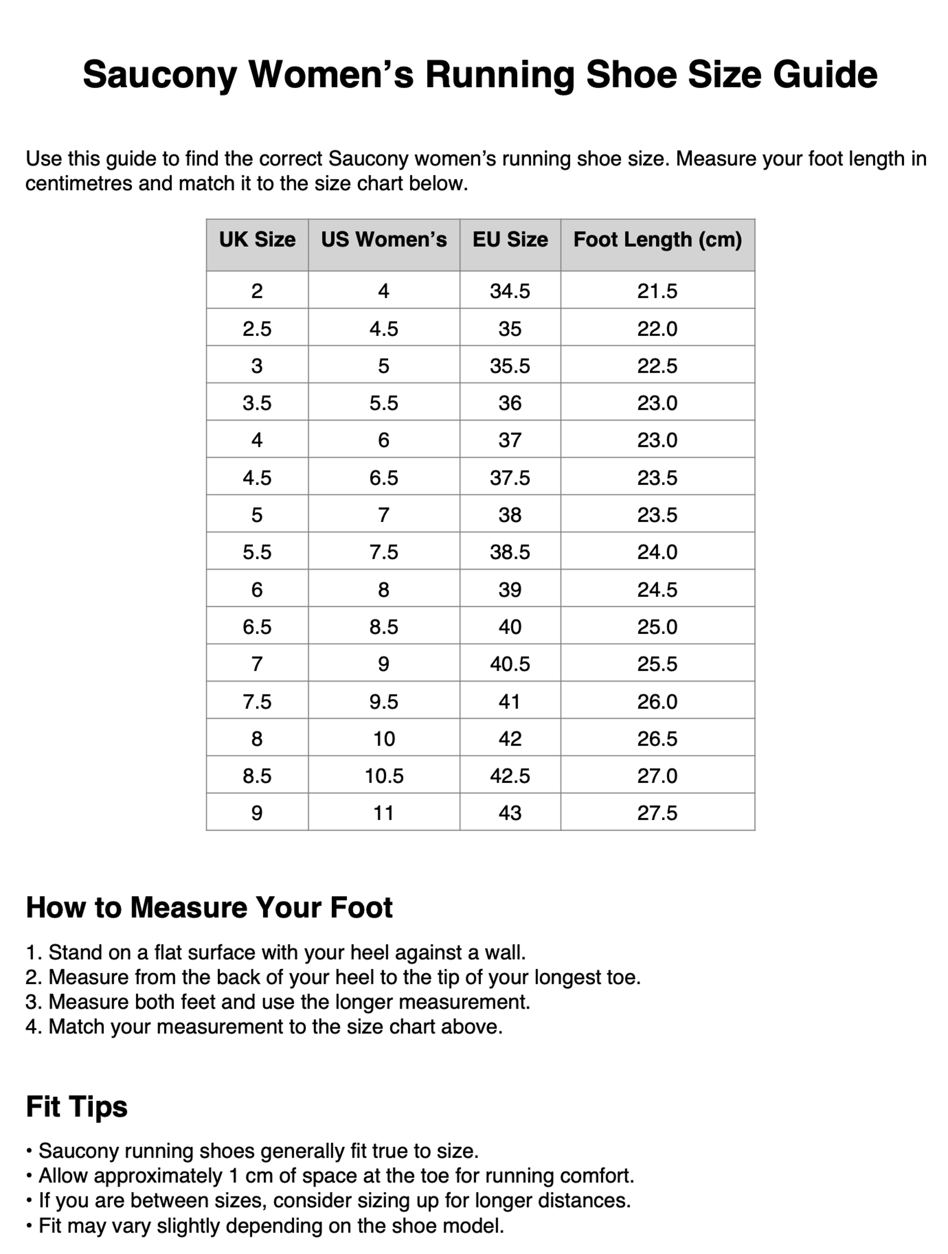 Saucony Womens Size Guide