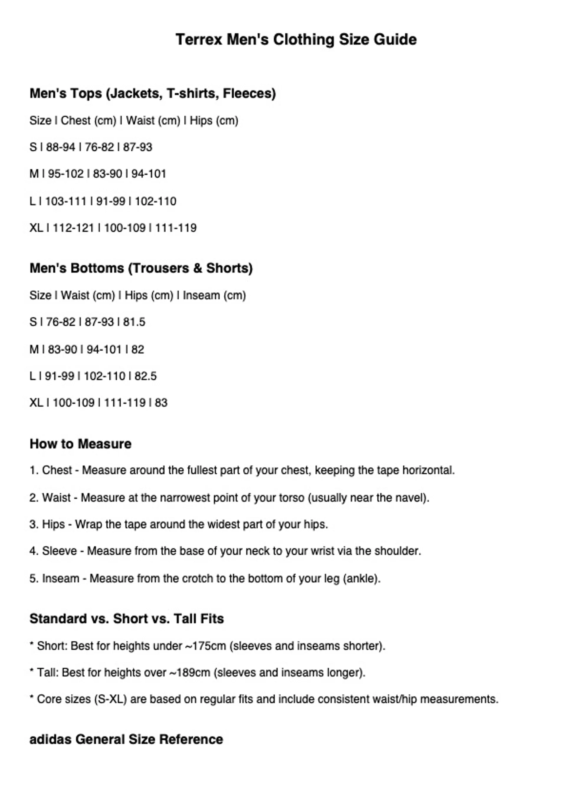 Terrex Mens Size Guide