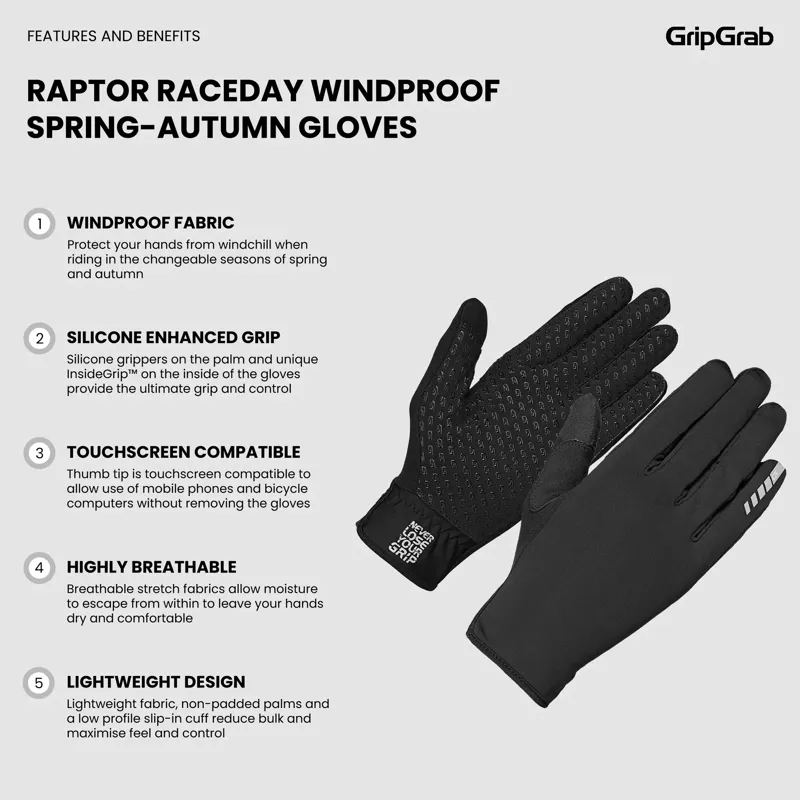 GripGrab Raptor RaceDay Windproof Spring-Autumn Gloves - Black-5