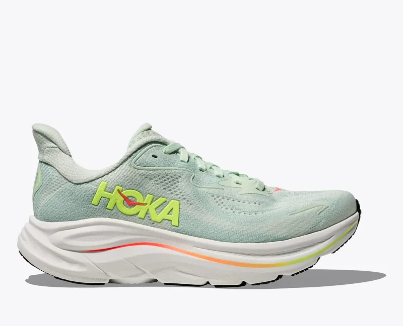 Hoka Clifton 10 Womens Wide Fit Road Running Shoe - Sea Glass Neon Flame