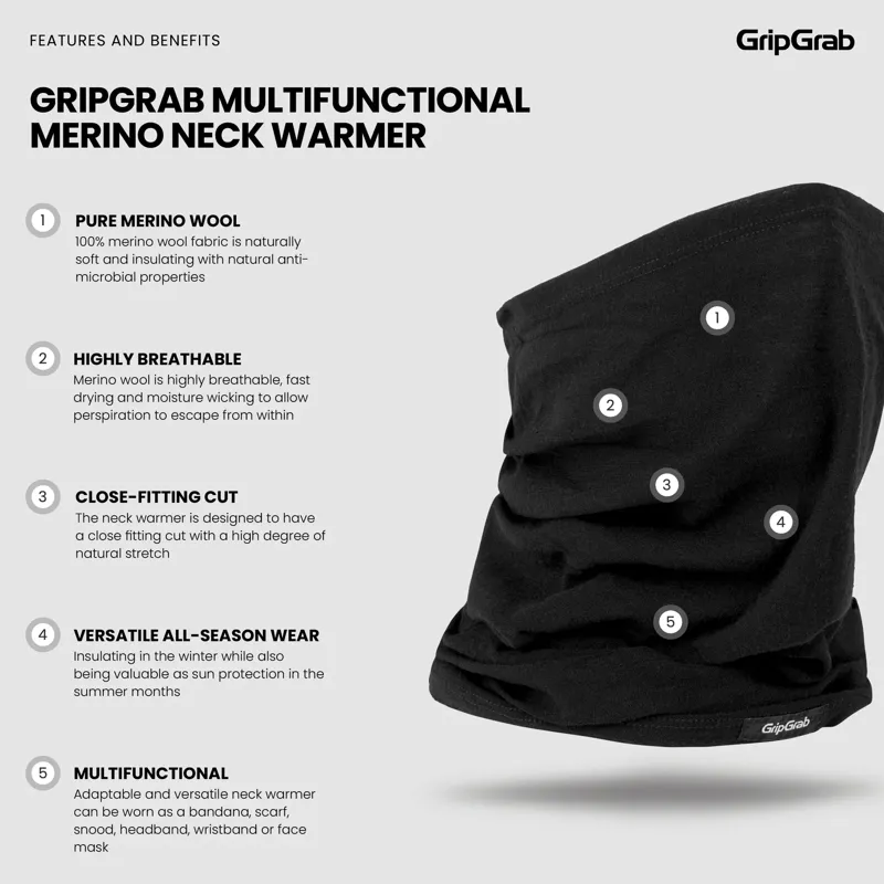 GripGrab Multifunctional Merino Neck Warmer - Black-2